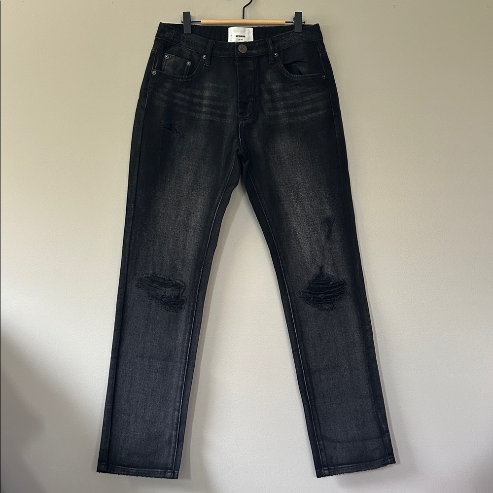 One Teaspoon Messed Trucker Jeans Faded Black Sz 26 Distressed Straight Leg